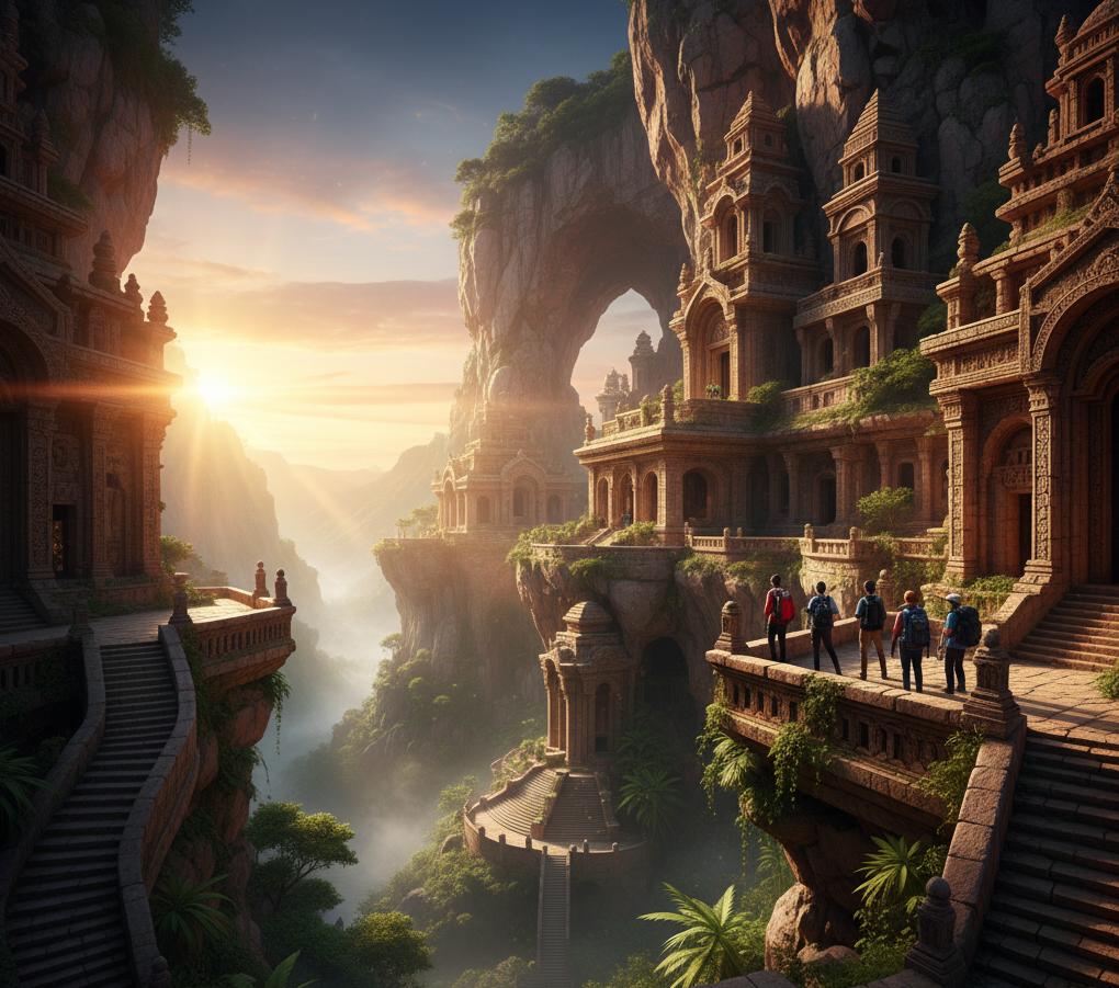 동남아시아 고대 사원과 절벽 위 여행자들의 석양 풍경